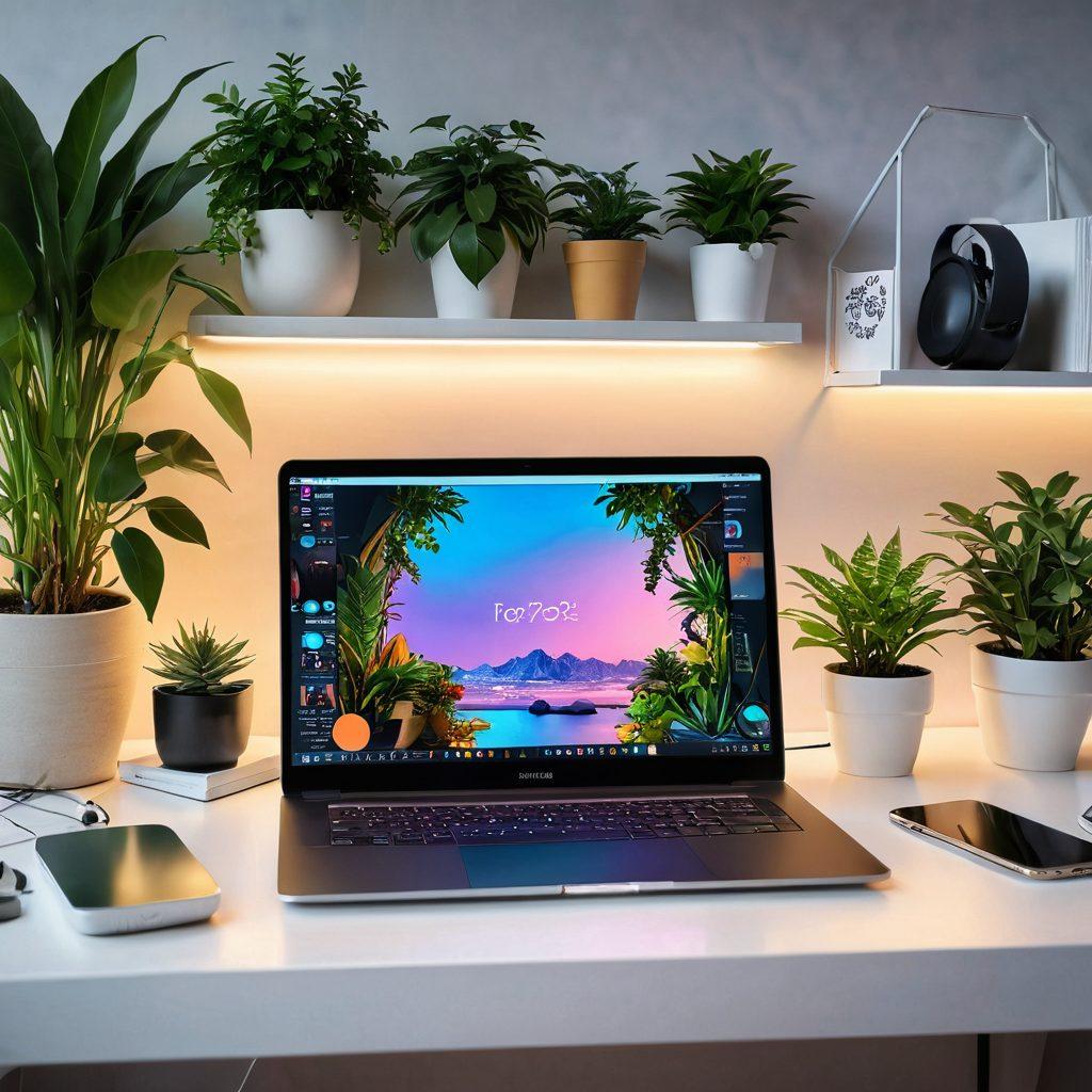 A sleek laptop on a stylish desk, surrounded by futuristic gadgets and plants, depicting a blend of technology and nature. In the background, colorful digital screens displaying various lifestyle hacks and tech tips for 2023. A warm, inviting atmosphere with soft lighting. super-realistic. vibrant colors. cozy workspace.