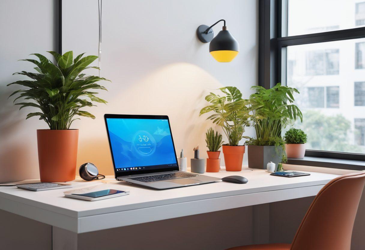 A modern workspace adorned with innovative gadgets like a sleek smartwatch, portable laptop, and smart home devices, surrounded by lifestyle hacks such as wall-mounted plant holders and minimalistic decor. The lighting is soft yet vibrant, emphasizing the blending of technology and comfort in daily life. A futuristic cityscape can be seen through the window, symbolizing the digital era. surrealistic elements enhance creativity. vibrant colors. 3D.